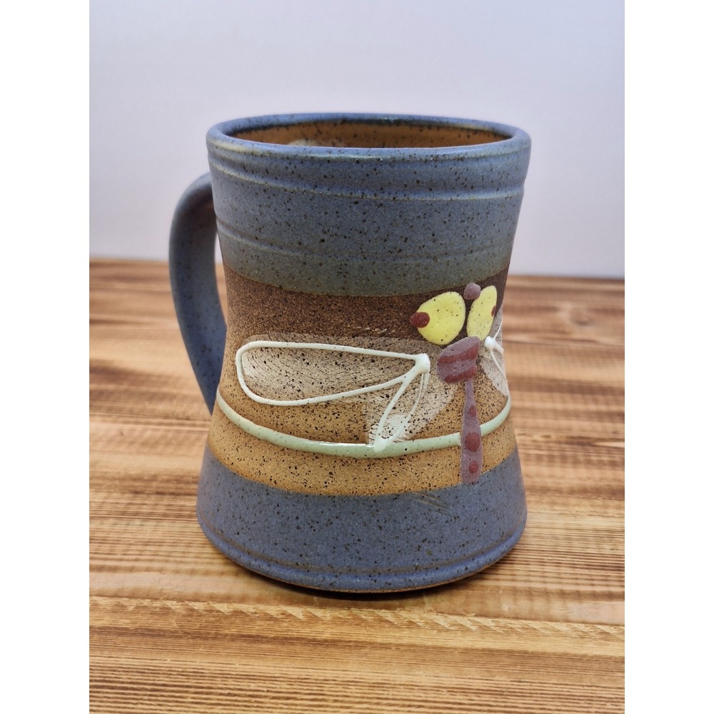 Dragonfly‎ Coffee Cup Mug Studio Art Pottery Stone Textured Glaze Brown/blue JB